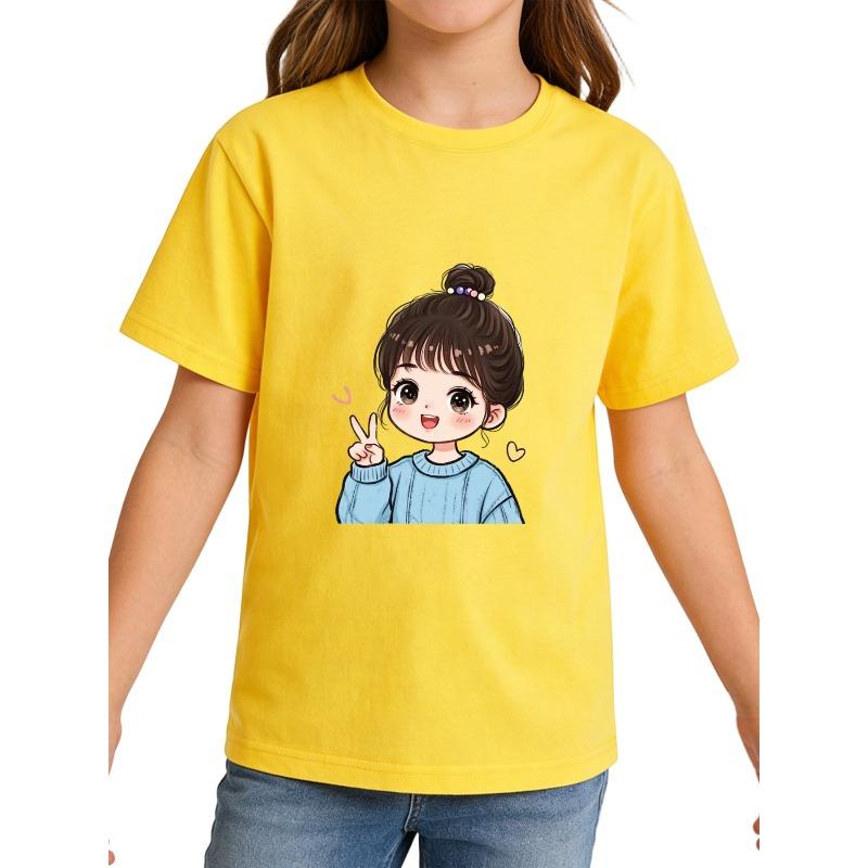 European sizes Cute Girls' Printed Short-Sleeve T-Shirt, Spring/Summer Lightweight Loose-Fit Versatile Half-Sleeve Top for Little Girls