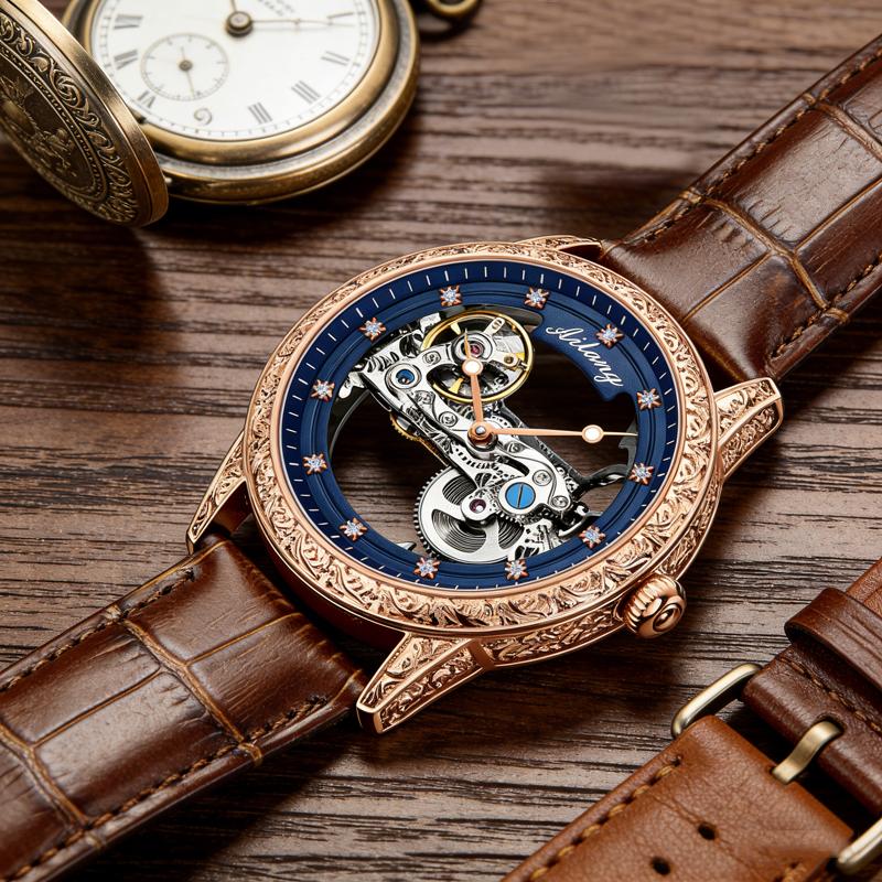 Vintage Tasarım AILANG Yeni Tourbillon Mekanik Erkek Saati Lüks İskelet Otomatik Saat Spor Su Geçirmez Saat Erkek saat