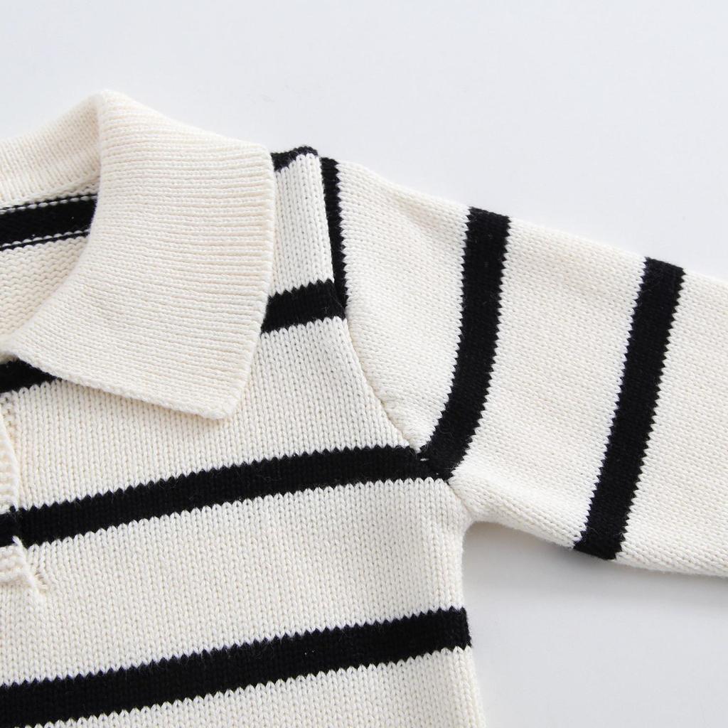 Korean Unisex Kids' Cotton Striped Sweater with Lapel