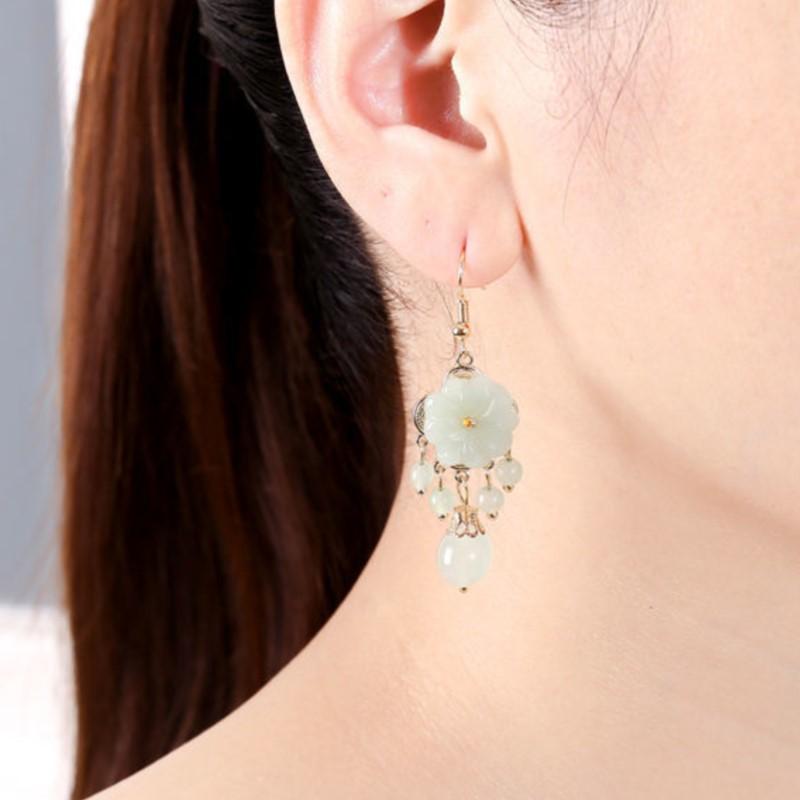 Green Jade Marrow Flowers Tassel Drop Earrings for Women Ethnic Stud Earring Pretty Jewelry Gifts