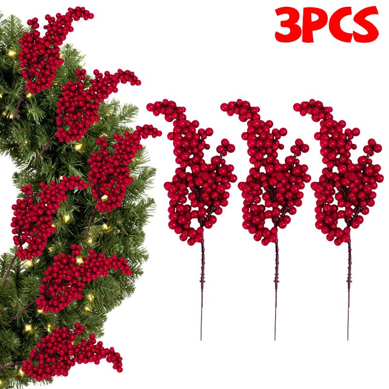 60/1Pcs Christmas Red Berries DIY Holiday Wreaths Xmas Tree Decoration Festive Ornament Displays Artificial Red Berries Stems