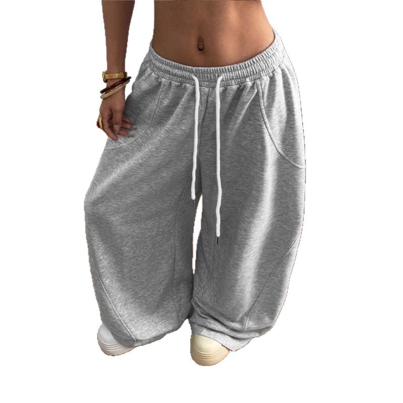 Women Casual Loose Wide Leg Drawstring Elastic Waist Heather Gray Sweatpants