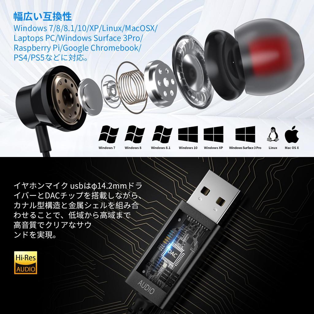 ASKUBSKU USB Earphones with for USB Wired Canal Gaming Mute HIFI Sound Calls Volume Compatible with Terminal Iahon Storage Case Black Microphone, 2.5m