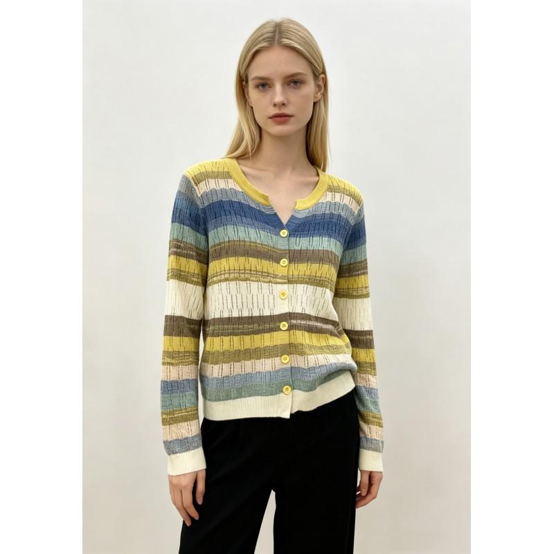 Womens Winter V-Neck Knit Cardigan Striped Color-Block Long Sleeve Sweater Casual Elegant