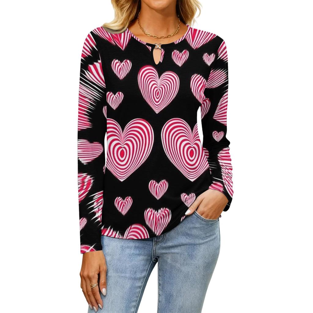 Women's Casual Round Neck Hollow,out Pullover Long Sleeve Valentine's Day Heart Print T,shirt Top