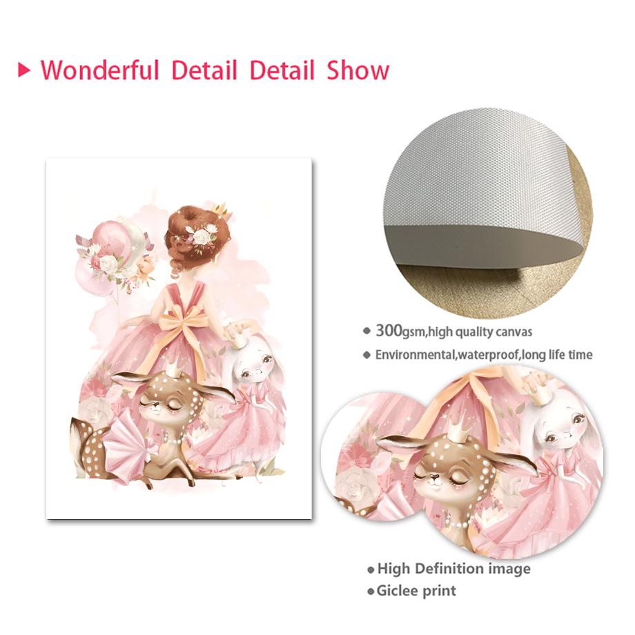 Kawaii Fawn Bunny Fox Princess Crown Wall Art Canvas Painting Nordic Posters And Prints Wall Pictures Baby Girl Kids Room Decor