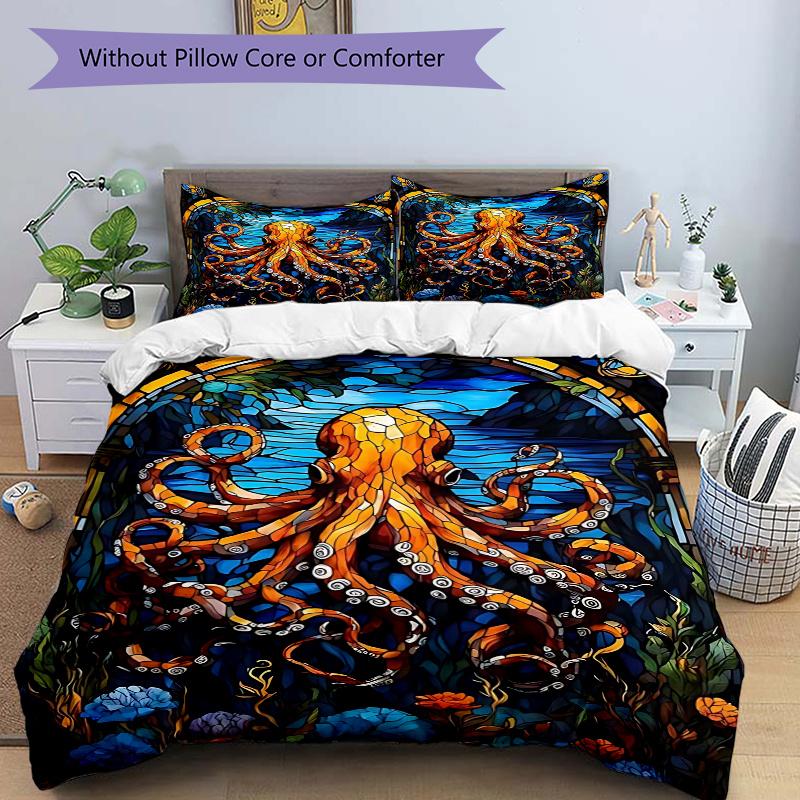 

3pcs Anime Octopus Stained Glass Design Comforter Set with One Quilt Cover and Two Pillowcases (No Core) - Home Decor, Festival Gift, Polyester Fabric 135x200cm