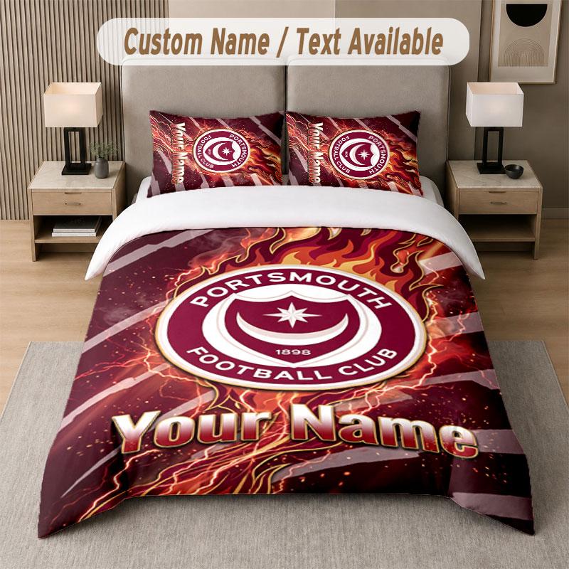 Custom Bedding Set Portsmouth FC Pattern, Print Name Text 1 Duvet Cover Plus 2 Pillowcases Home Textile