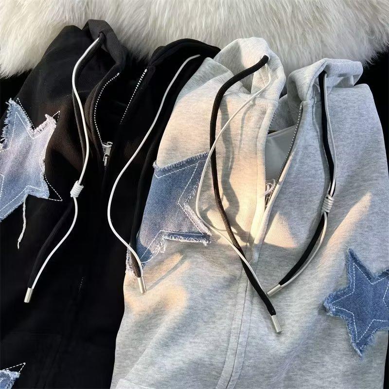 American Retro Patch Five-pointed Star Jacket for Men and Women Spring and Autumn Thin Loose Ins Hong Kong Style Oversize Sweatshirt