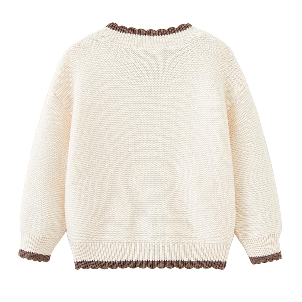 Spring and Autumn Contrast Color Round Neck Small and Medium Children's Knitted Cardigan Jacket Long Sleeve Pure Cotton Cherry Girl Sweater Cardigan