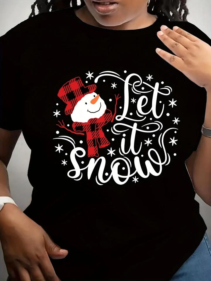Festive Snowman Print T-Shirt - Casual Crew Neck, Short Sleeve 2XL