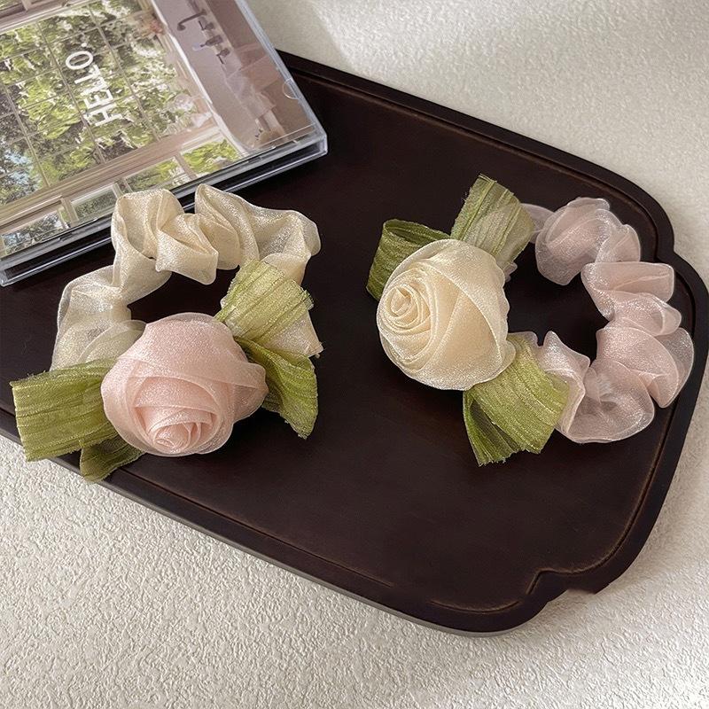 2PCS Elegant Ladies Net Yarn Rose Flower Hair Rope Fashion Elastic Sweet Hair Scrunchies Ties For Women Girls Bride Bridesmaid