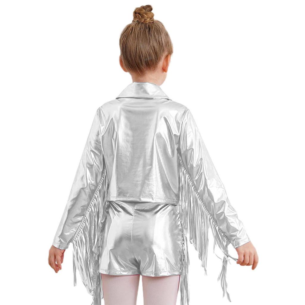 Girls Dance Jacket Metallic Tassel Design Turn Down Collar Long Sleeve Zipper Fringe Party Top