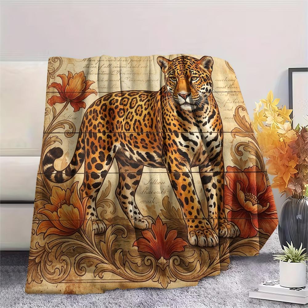1PC Retro Floral Animal Print Flannel Blanket, High quality All Seasons, Home Decor, Warmth and Comfort, Perfect for Christmas Gifts
