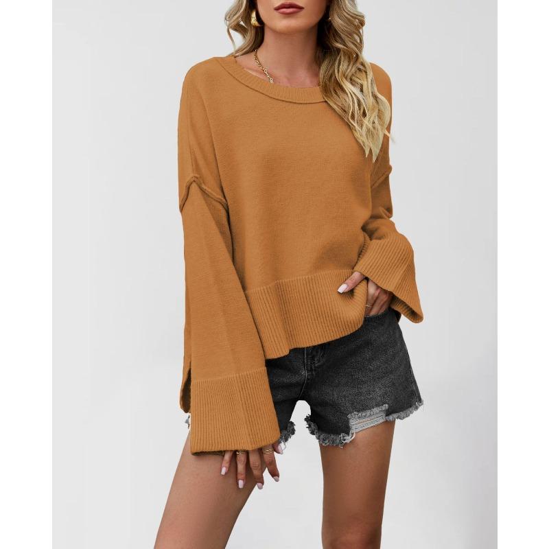 PEYWOW Women's Fashion Casual Solid Color Print Autumn Winter O-Neck Long Sleeve Loose Sweaters