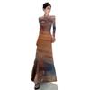 French Spice Girl Sunset Tie-dye Dyeing Neck Printed Mesh Dress Women's Spring and Autumn Slim-fitting Waist Skinny Holiday Dress