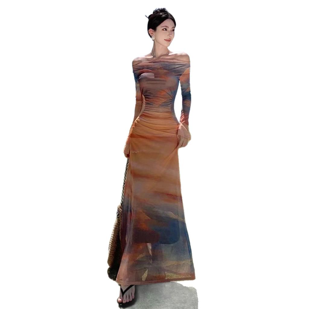 French Spice Girl Sunset Tie-dye Dyeing Neck Printed Mesh Dress Women's Spring and Autumn Slim-fitting Waist Skinny Holiday Dress