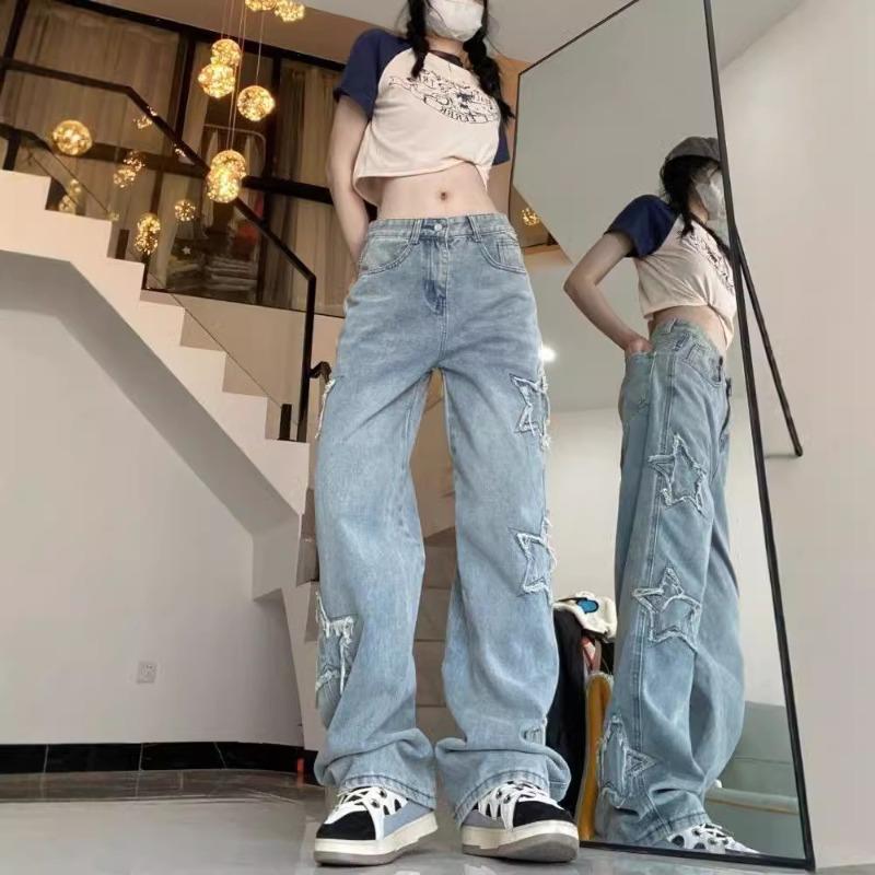 Spring and Summer New Retro Star Embroidered Jeans Women's High Waist Loose Fashion Thin Drape Straight Wide Leg Pants Tide