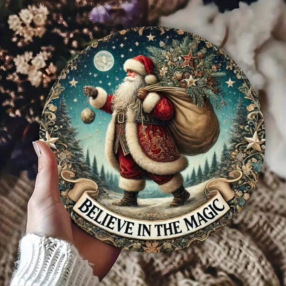 Christmas Santa Claus Snow Scene Metal Wall Art Round Home Decor Sign