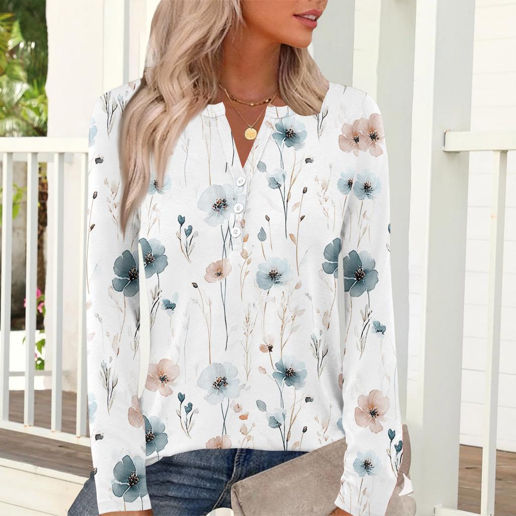 Damen Casual Mode T-Shirt, Vintage Blumendruck, Rundhalsausschnitt, Langarm-Oberteil.