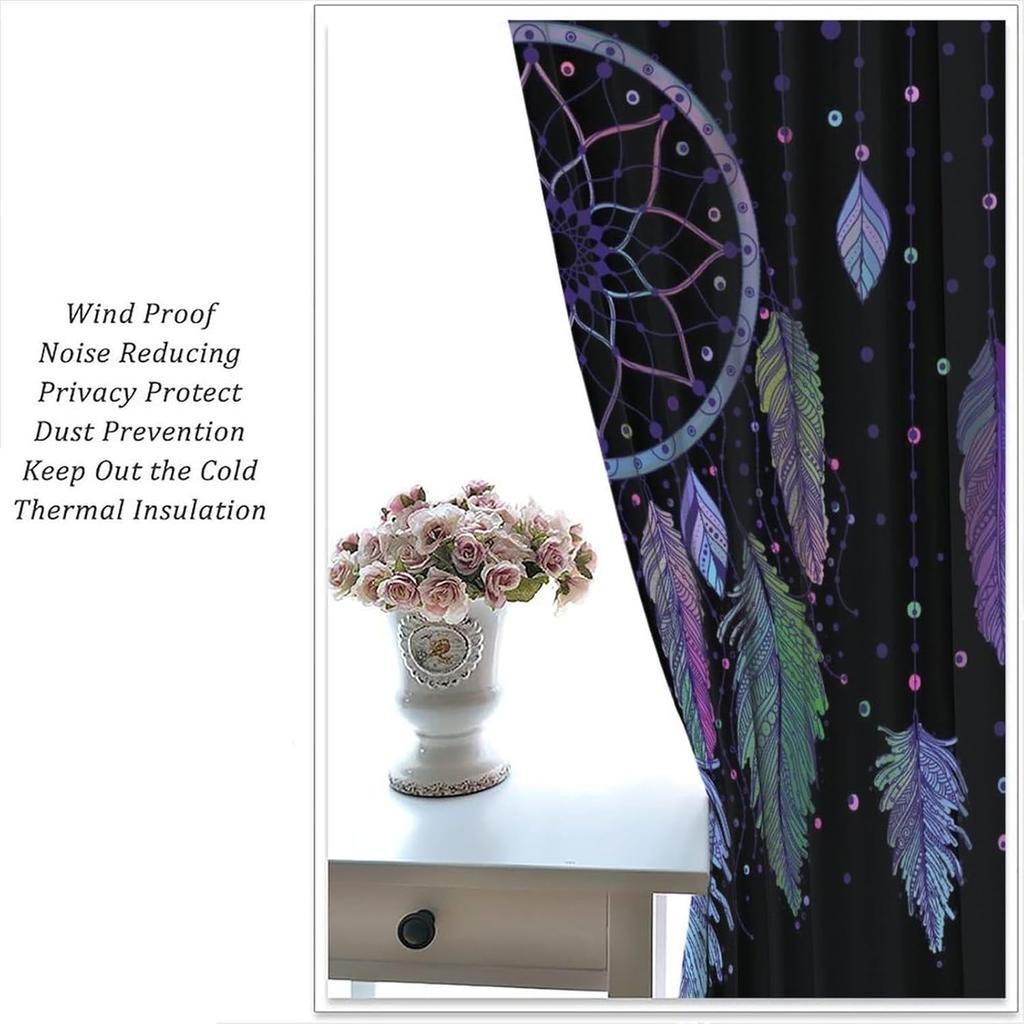 Colorful Dream Catcher Curtains Night Sky Stars Purple Feathers Curtain with Rod Pocket for Bedroom Living Room Decor Drapes