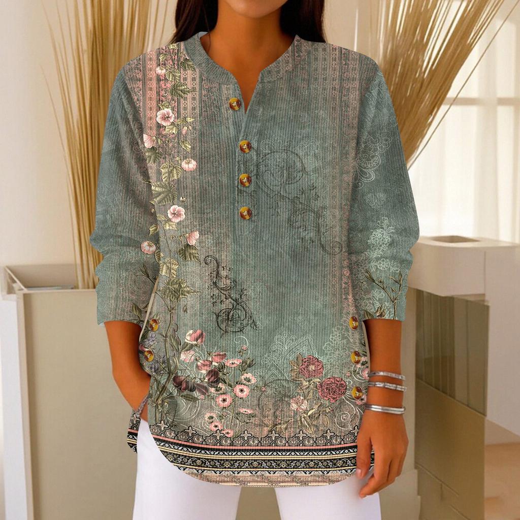 Damen Modisches Knopfkragen Langarm Weihnachtsdruck Pullover Top