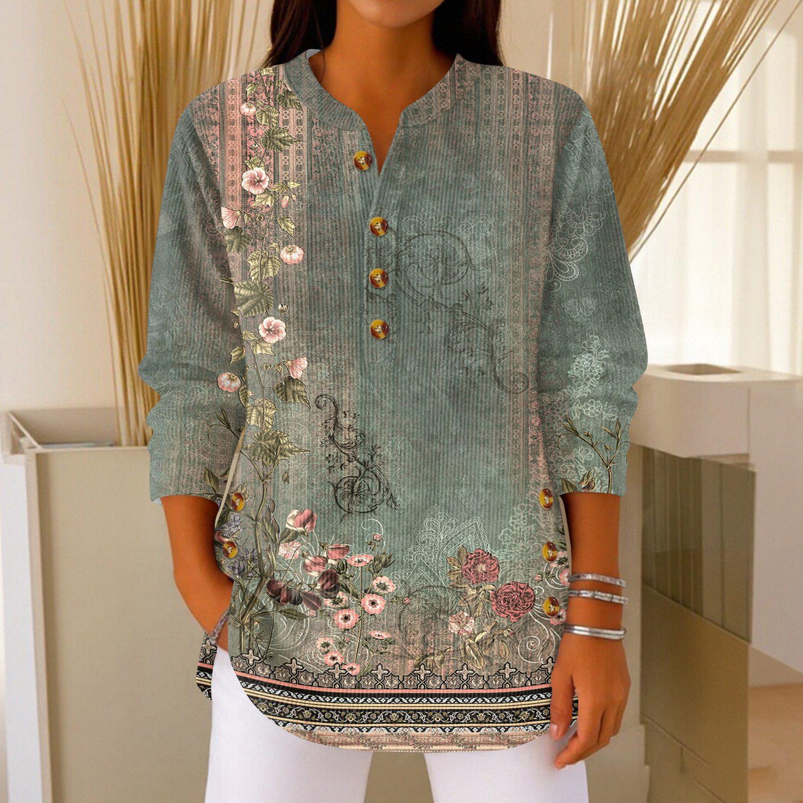 Women s Fashionable Button Collar Long-sleeved Christmas Print Pullover Top L армия зеленый