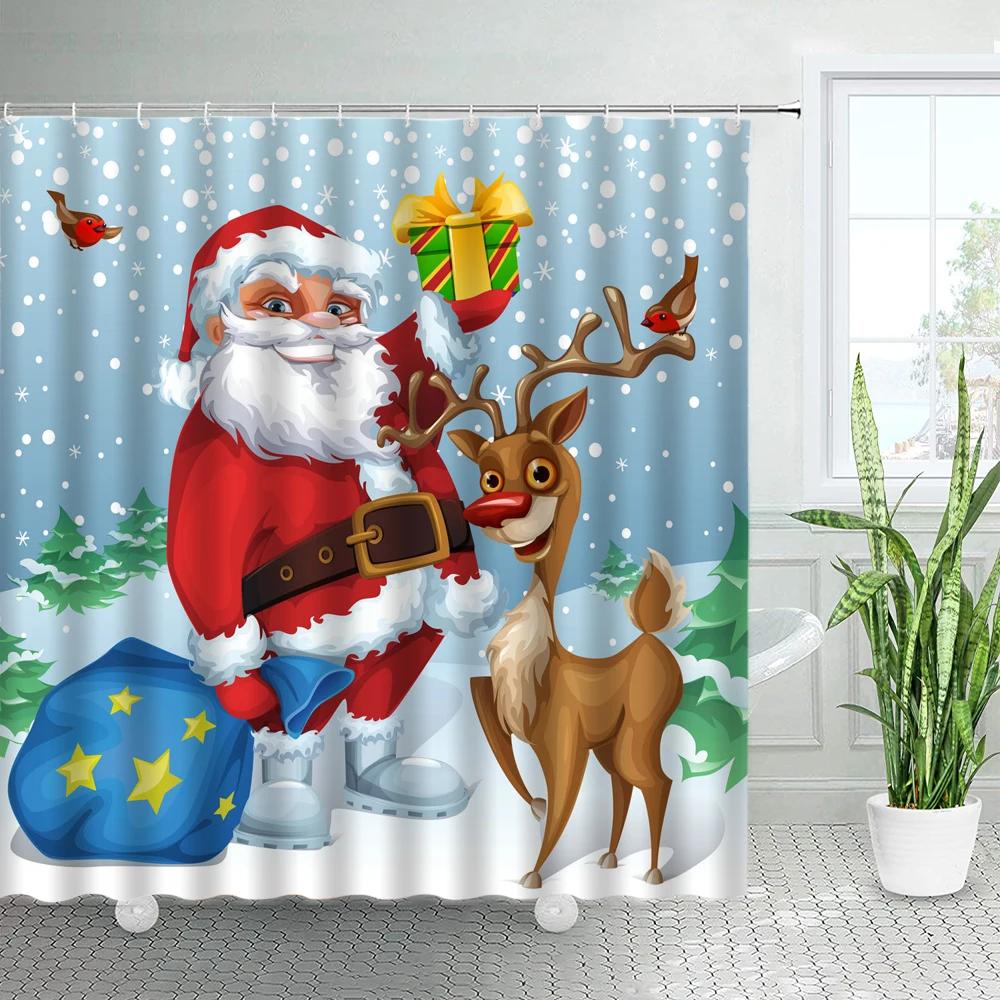 3D Red Santa Christmas Bathroom Shower Curtain New Year Party Xmas Wall Hanging Waterproof Polyester Bathtub Bath Curtains Decor