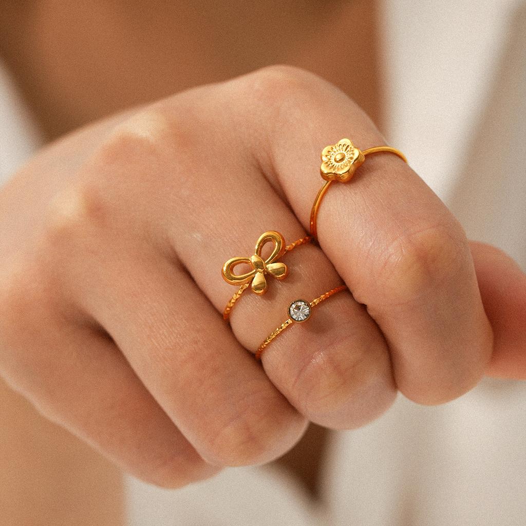 18K Gold Plated Stainless Steel Bowknot Flower Open Ring Set, Instagram Style Zircon Ring for Women, Non-fading