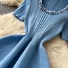 2026 Nuovi Arrivi Estivi Vestito Maglione Scollo a U Perline Manica Corta Aderente per Vestito da Festa di Compleanno Vestito Maglia Pieghettato Blu Strass Eventi Serata