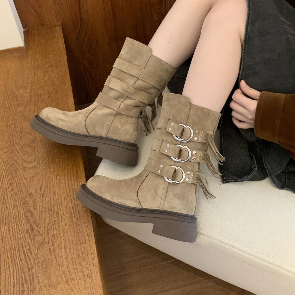 Leather Version Wasteland Wind Leather Desert Western Boots Women's New Stacking Boots Design Tall Boots Versatile Knight