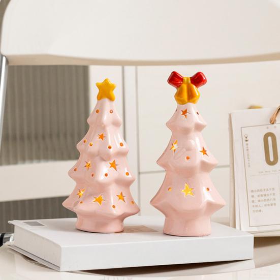 Lighted Ceramic Christmas Tree Small Xmas Tree Figurine with Fruit Tree Topper Holiday Tabletop Centerpiece for Home Mantel Shelf Fireplace Decor