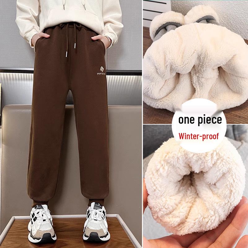 Girls' Fleece-Lined Lambswool Winter Pants: Thick, Warm, One-Piece Casual Wear for Middle and Big Kids