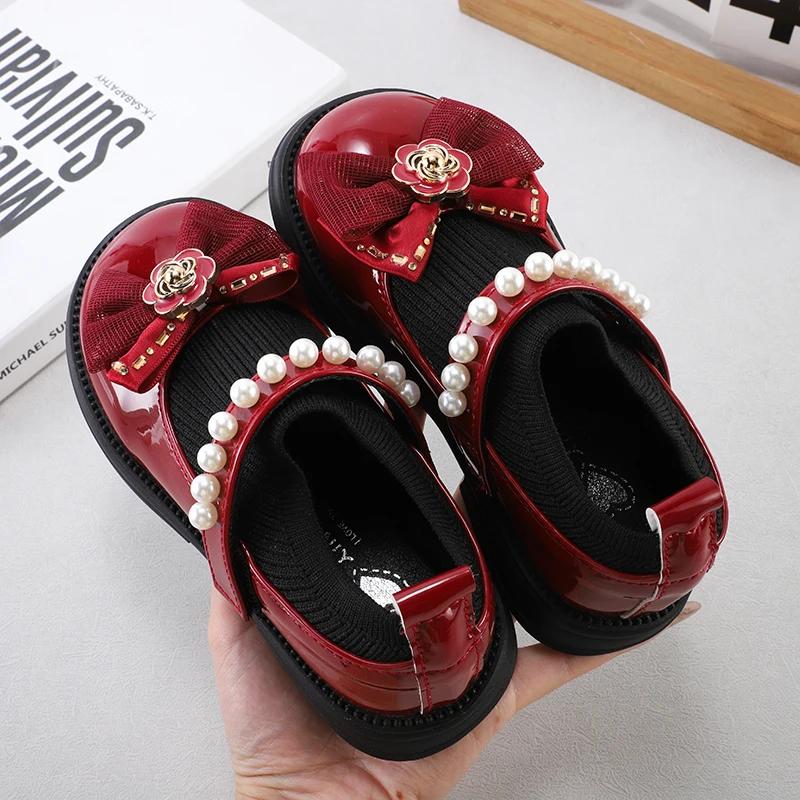 

Детские повседневные балетки для девочек, принцесса, милые, цветочные с жемчугом, бантик, шикарные детские туфли, на липучках, цветы для вечеринки, свадьбы 25 вино красного