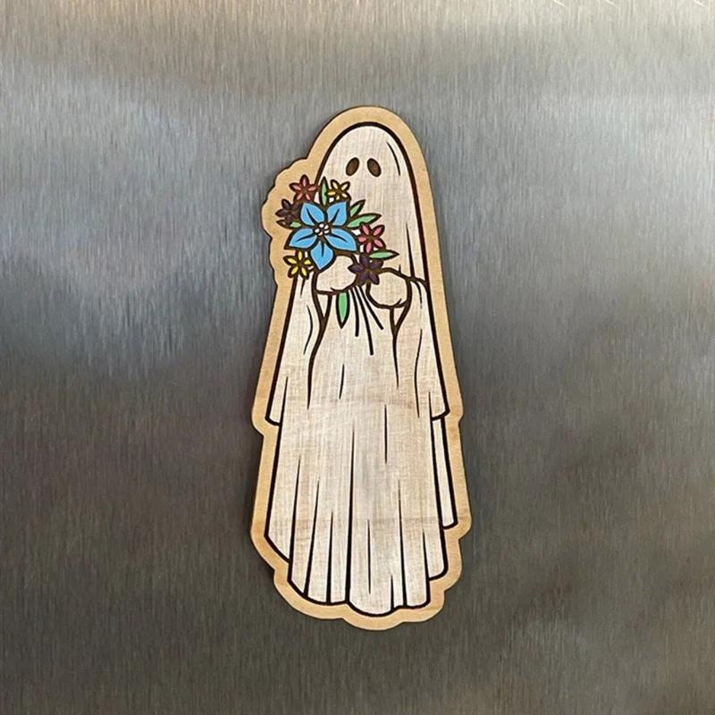 Set Of 7 Vintage Cartoon Wood Ghostly Refrigerator Magnets Halloween Kitchen Accessories for Festivals Party Ornaments