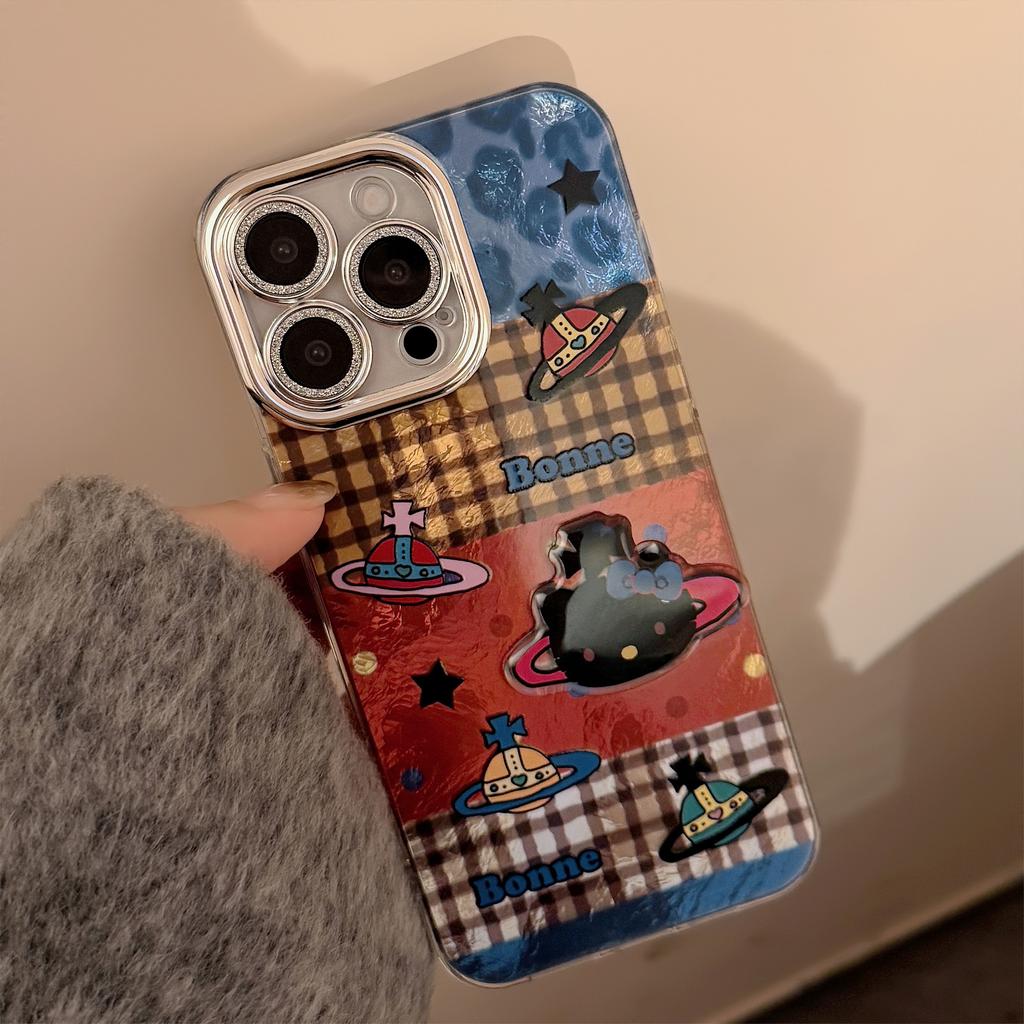 Chat Planète Épissage à Carreaux Convient pour Coque de Téléphone Portable Iphone17 Apple 16 Lanière 14promax Tridimensionnel 13 Dur