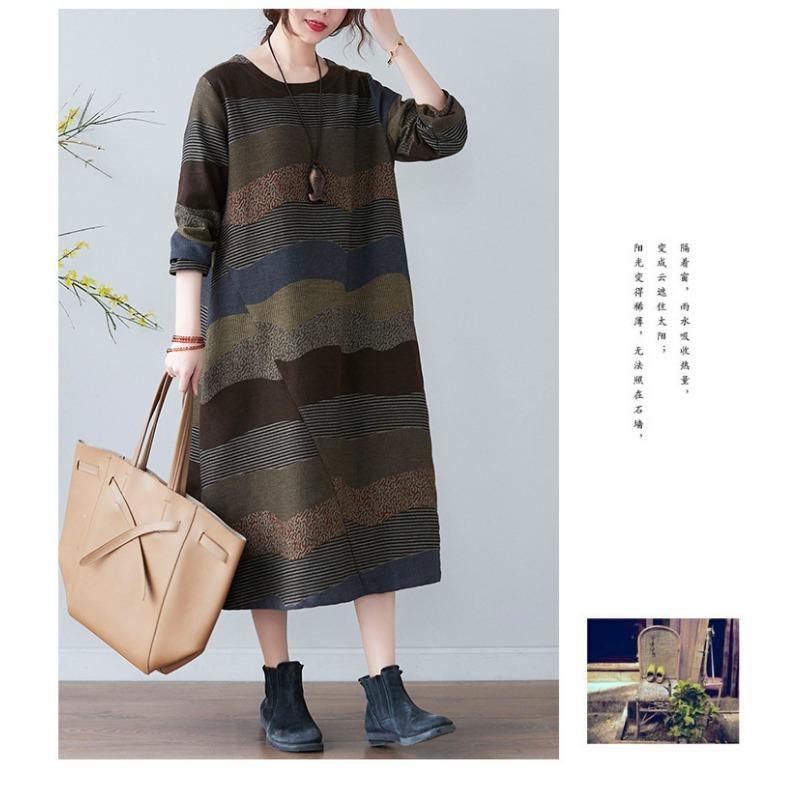 Frühling und Herbst Literarischen Stil Lose Druck Rundhals Langarm Kleid Frau