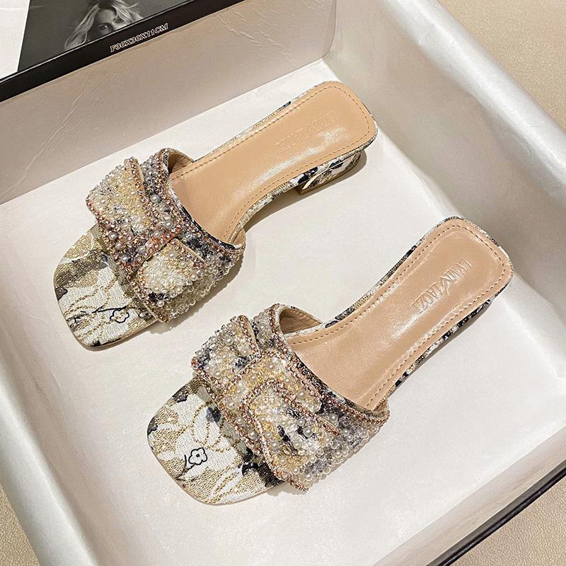 Red slippers women's tide wear thick heel non-slip rhinestones summer 2025 new printed outdoor women's sandals shoes