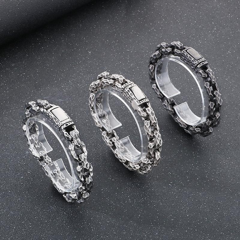 Personalized Design Hammered Titanium Steel Jewelry, Locomotive Stainless Steel Men'S Square Bracelet