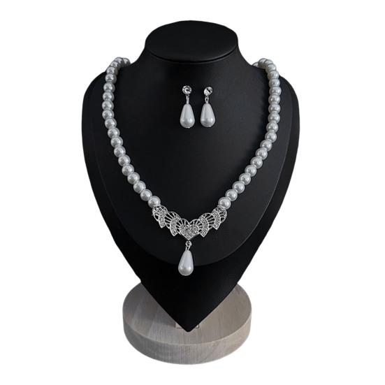 2Pcs/Set Imitation Pearl Jewelry Set Retro French Style Blue Waterdrop Faux Gem Charm Necklace Earrings Set