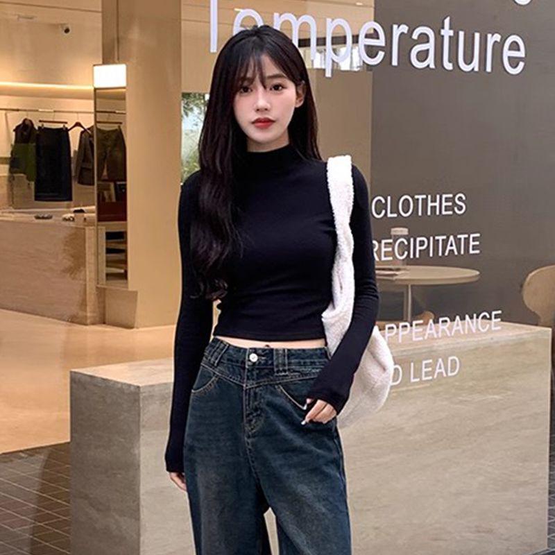 Autumn/Winter Pure Desire Spicy Girl Long-Sleeve Cropped T-shirt: Slimming, Flattering, Versatile Base Layer for Women.