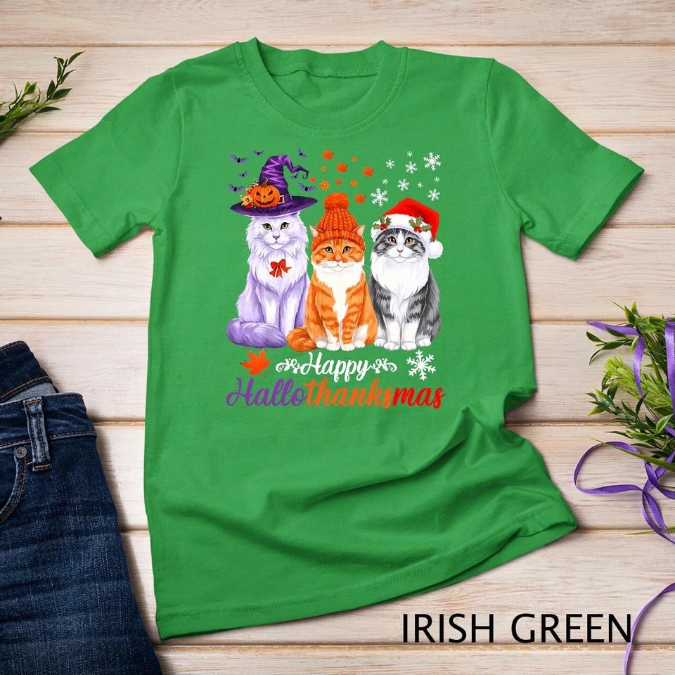 Happy HalloThanksMas Cats Halloween Thanksgiving Christmas Unisex T-shirt 5 M