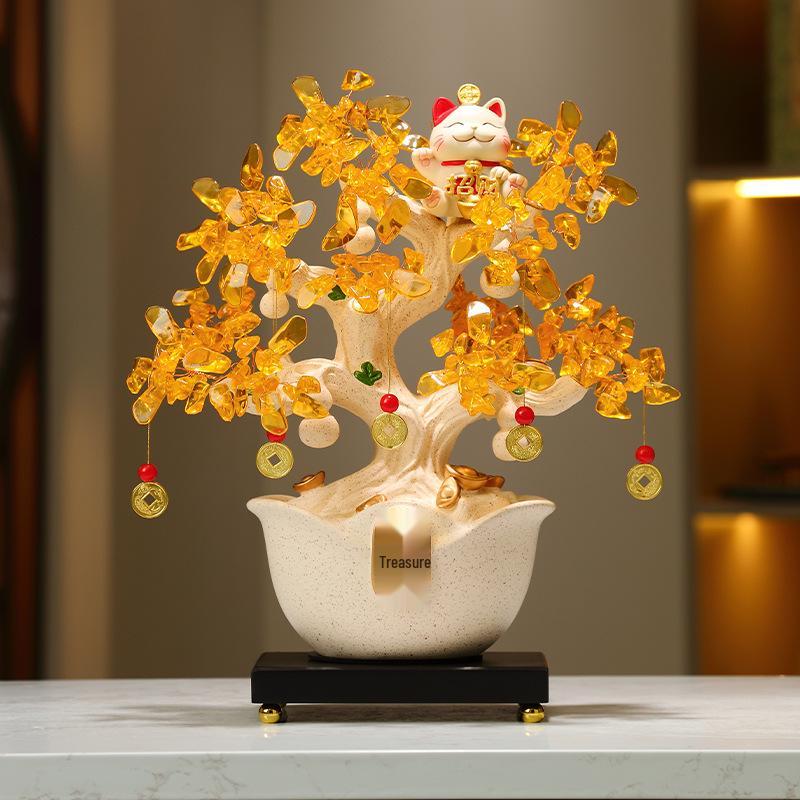 Crystal Money Tree Ornament: Lucky Cat Treasure Bowl for Living Room, Office, Shop, or TV Cabinet Decoration