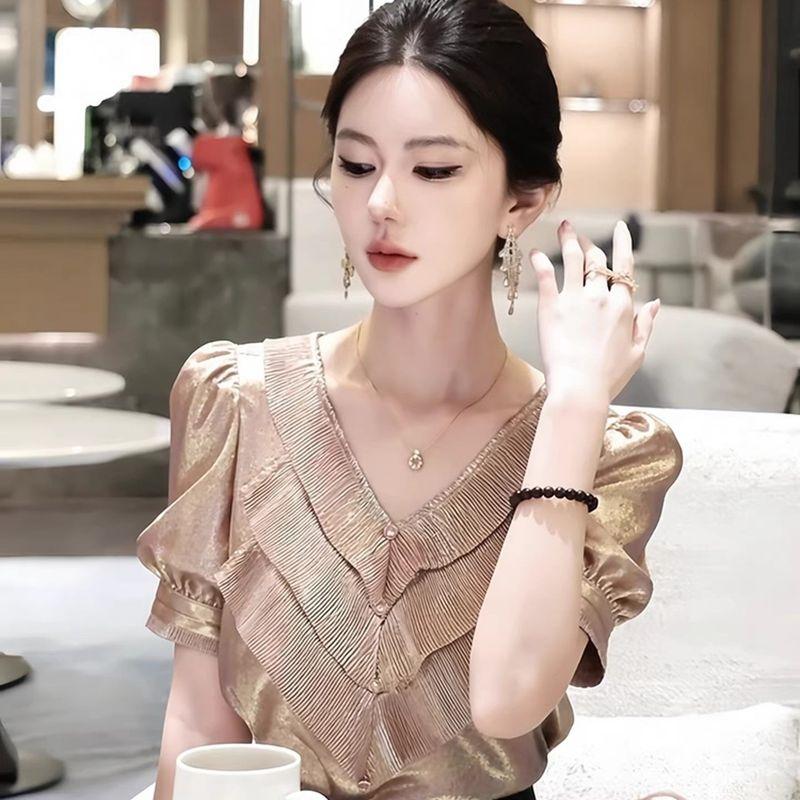 

2026 Spring New Style Golden Ruffled Blouse with Unique Design, Fashionable, Elegant, and Versatile Shirt Gold Ruffle Top XXL