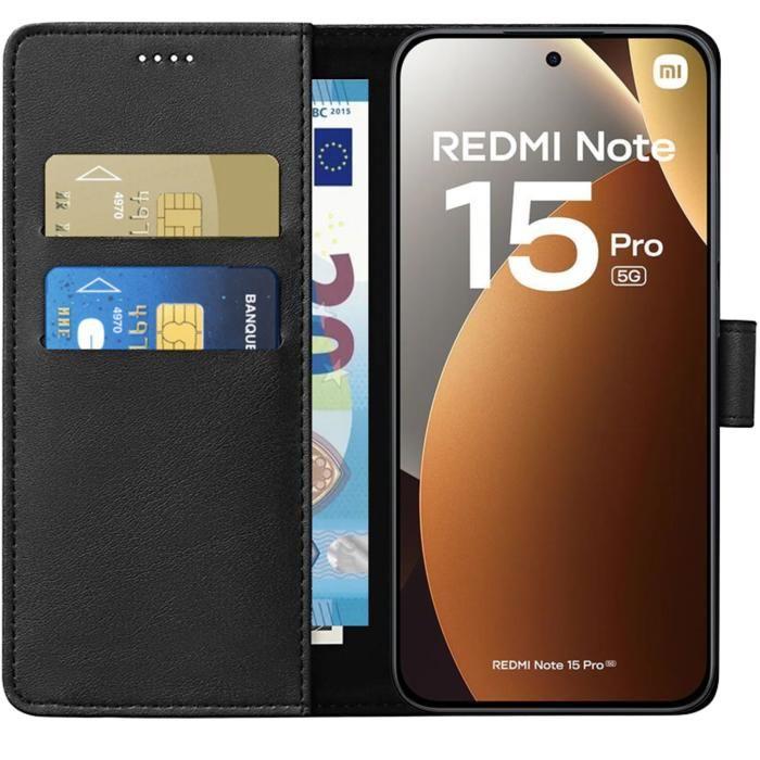 Coque pour Xiaomi Redmi Note 15 PRO 5G - Portefeuille Noir Rabat Clapet Aimanté Rangement Cartes Phonillico®