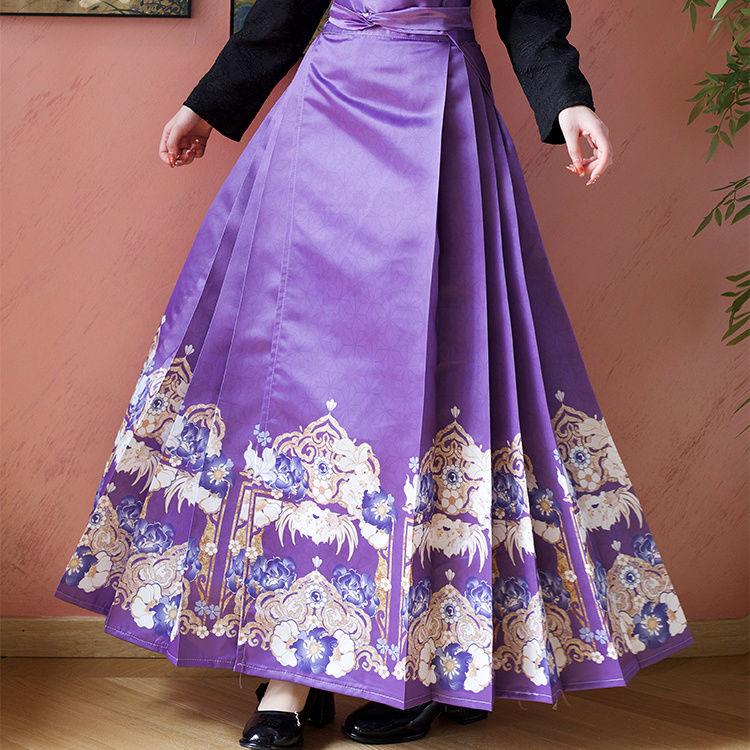 Chinese Ming Dynasty Style Hanfu For Women Stand Collar Summer Daily Printed horse-face Skirt