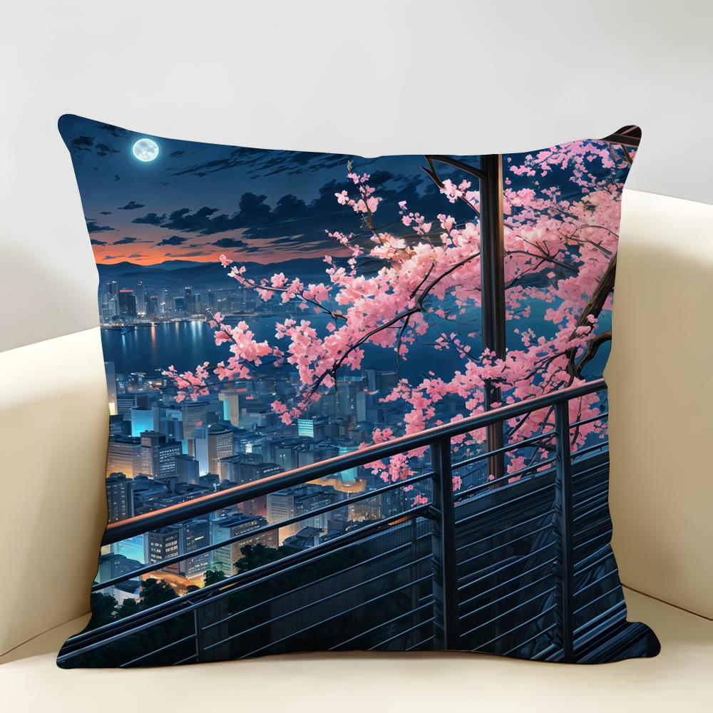 Anime Scenery Design Cushion Cover Natural Linen Organic Fabric DoubleSided Printing Room Sofa Decor Pillow Case