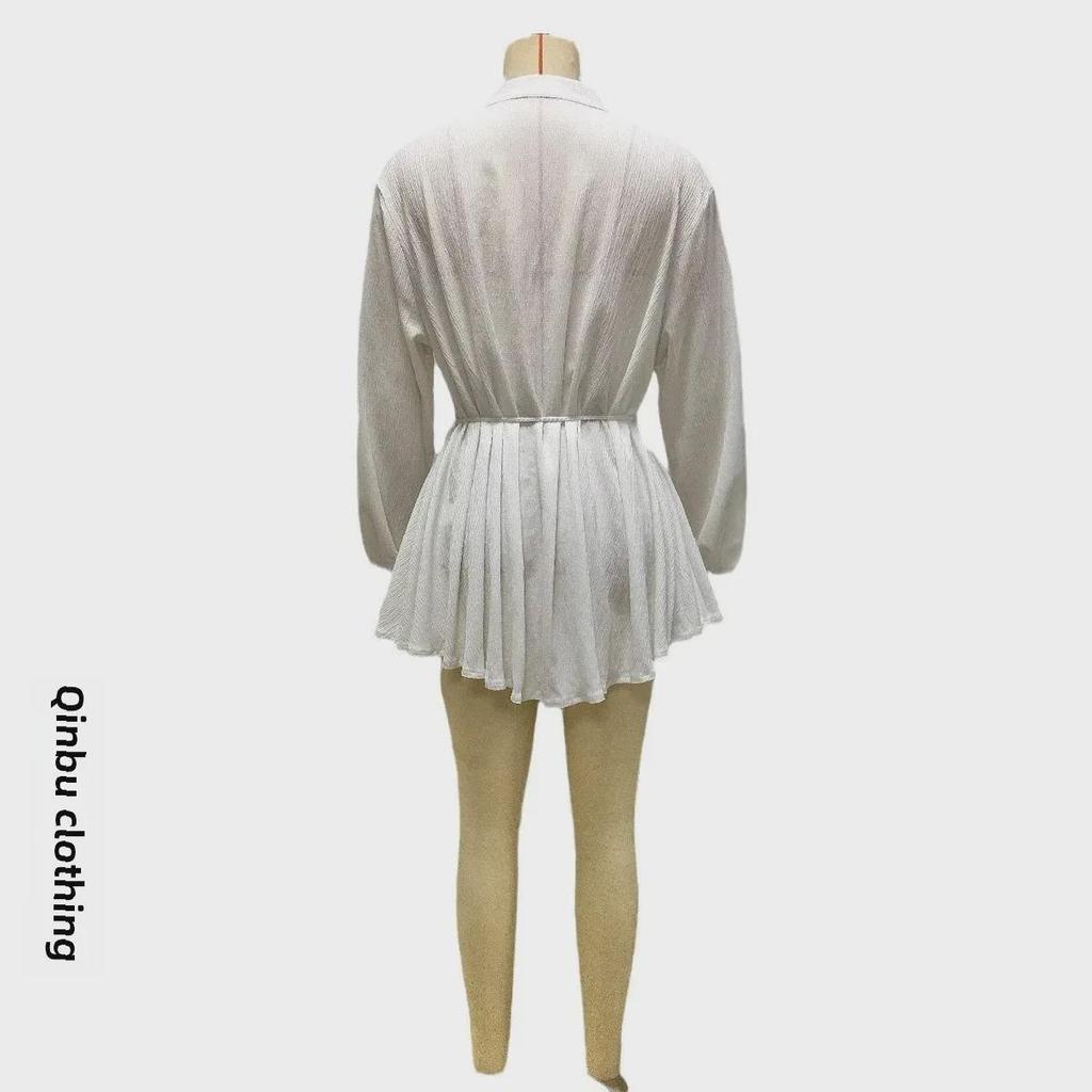 Women's 2025 White Lace-Up Button Ruffle Dress