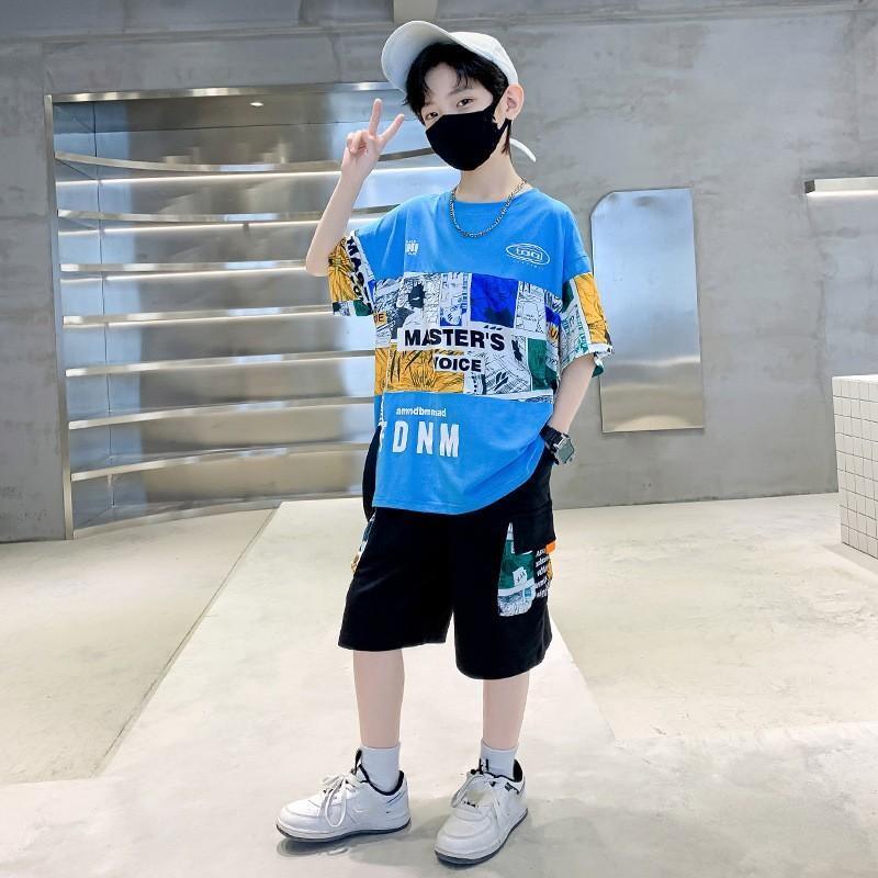 Boys' Summer Stylish Set Medium-Large Boys' Cartoon Print Crew Neck Short-Sleeve T-Shirt + Shorts Two-Piece Set