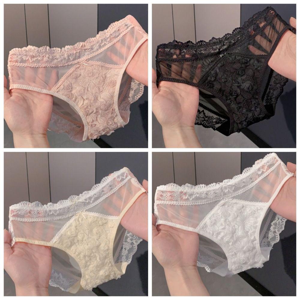 Sweet Bow Lace Flower Panties Seamless Patchwork Lace Mesh Briefs Transparent Low Waist Women Underwear Gifts